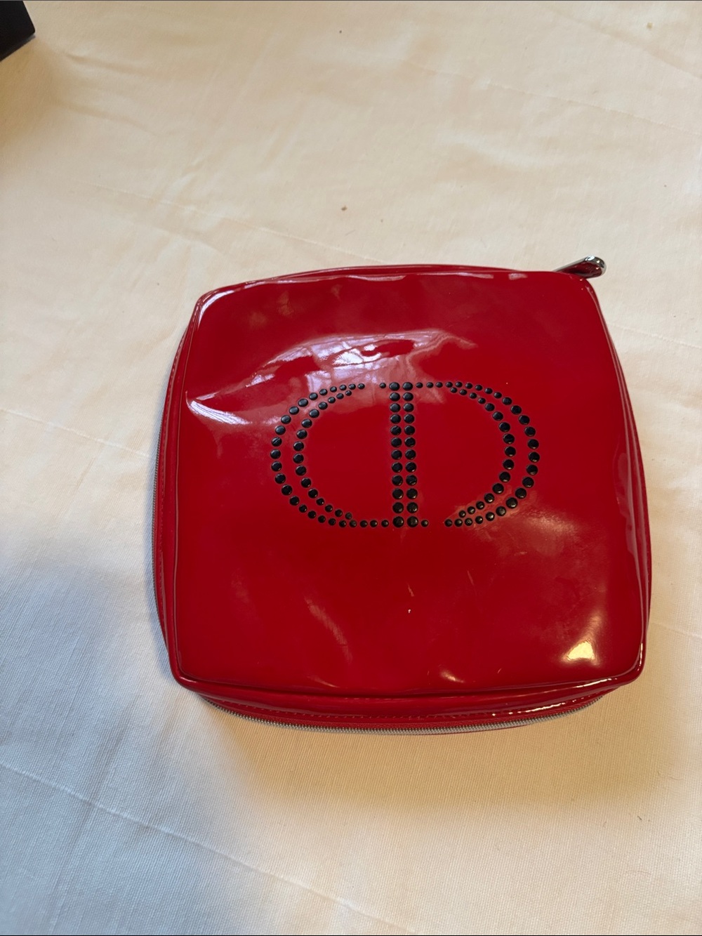 Red Patent Cosmetic Pouch with Stud Detail